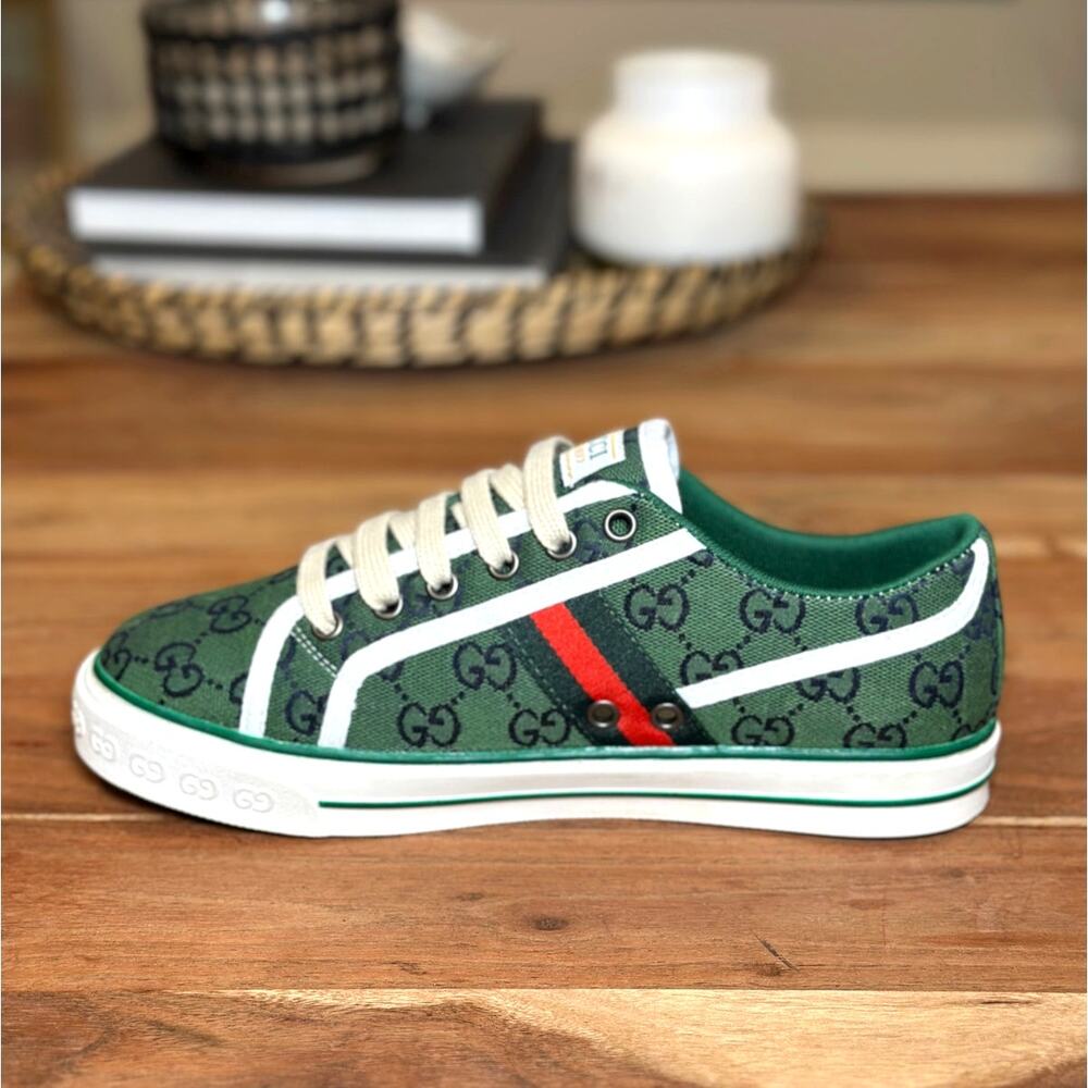 GUCCI NEW Women's US Size 10 Tennis 1977 GG Logo Green Canvas Low-Top Sneakers - Picture 3 of 12